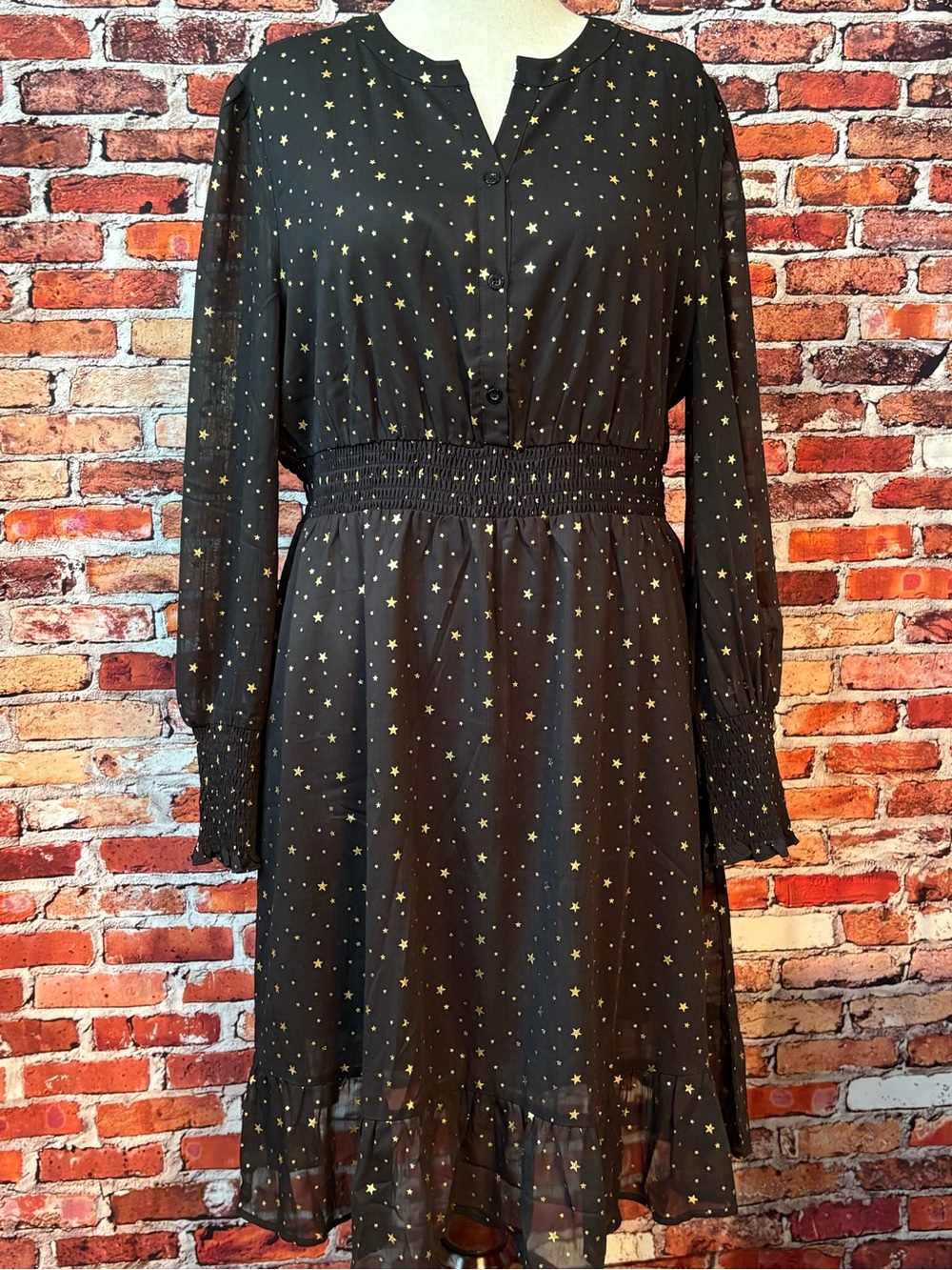 Allegra K Black Dress with Metallic Gold Star Print Size XL